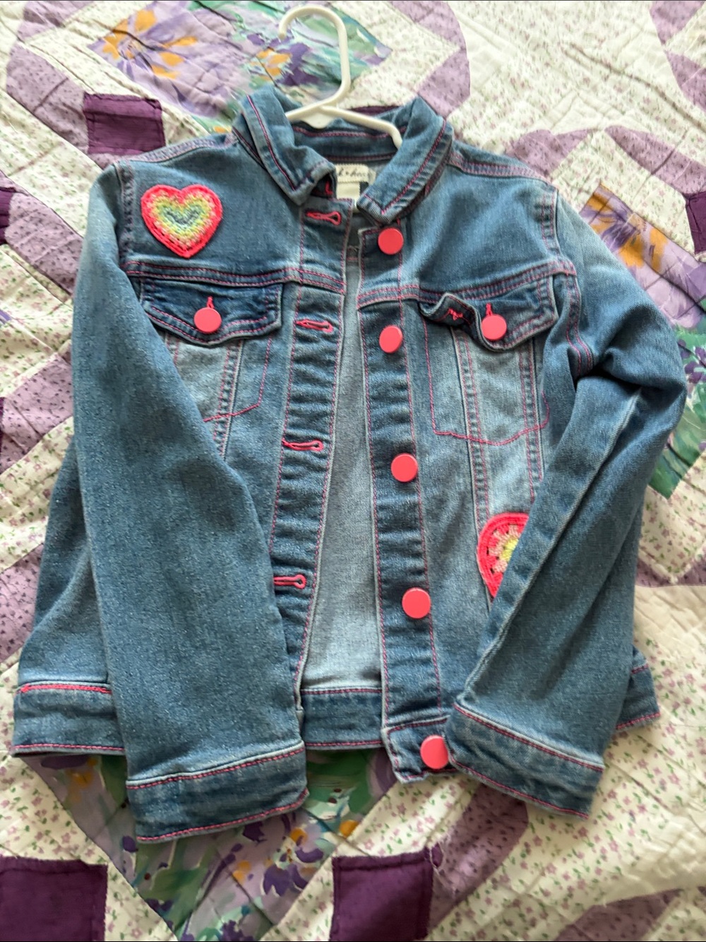 Derek Heart Blue Denim Jacket with Pink Buttons & Pink Heart Patches
